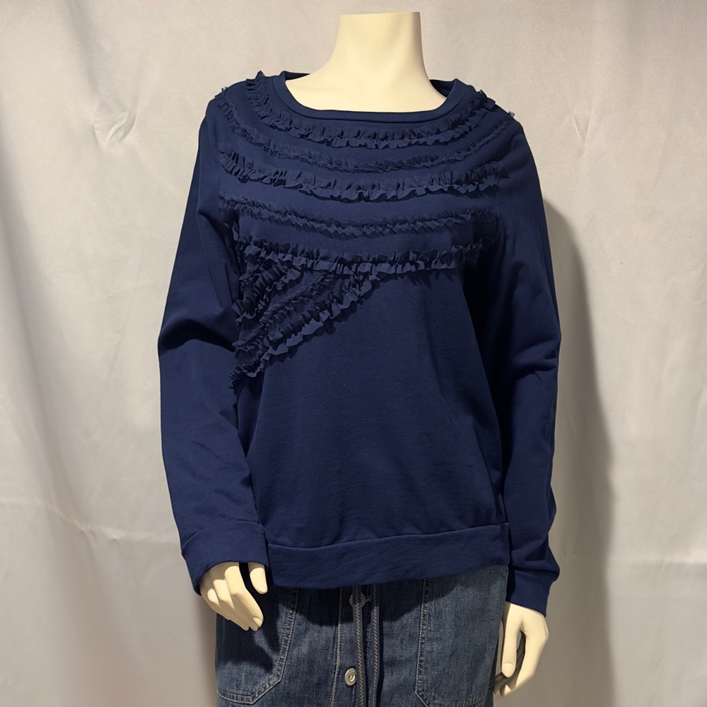 Vintage Blue Dressy Sweatshirt Chiffon Ruffles 100% Cotton Lord & Taylor Size L
